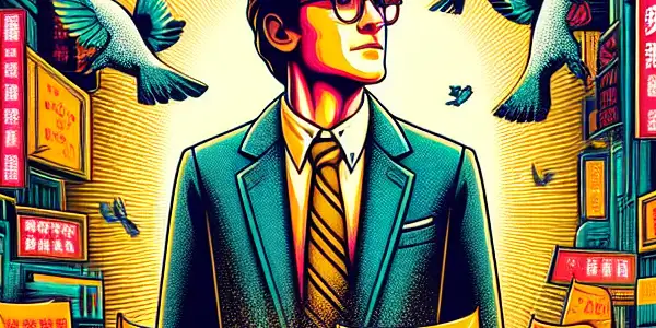 A diverse group of ordinary people rallying in a lively urban setting, led by a determined office worker.