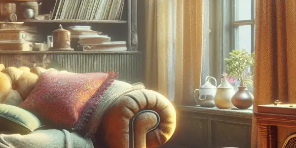 A cozy vintage living room with a record player, scattered records, and warm lighting, evoking nostalgia and comfort.