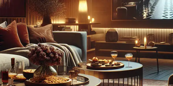 A cozy living room with snacks, soft lighting, and a large screen displaying abstract, adult-themed imagery.