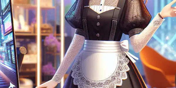 A stylish virtual maid in a modern digital room, blending classic elegance with high-tech elements and playful ambiance.