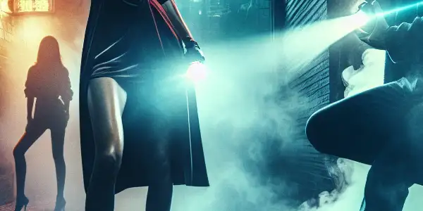 A tense confrontation between a fierce undercover police officer and a suave gangster in a rain-soaked alleyway.