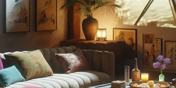 A cozy, dimly lit room with a vintage projector, plush couch, and cultural art, inviting viewers to enjoy films.