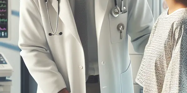A caring doctor interacts with a curious, nervous patient in a warm, modern hospital examination room.