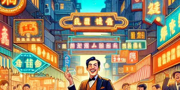A lively street market scene featuring playful characters in period costumes, inspired by classic Hong Kong comedic cinema.