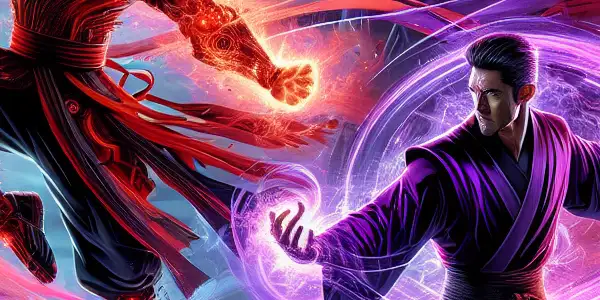 Kyo Kusanagi and Iori Yagami battle in a futuristic city, showcasing martial arts and intense energy.