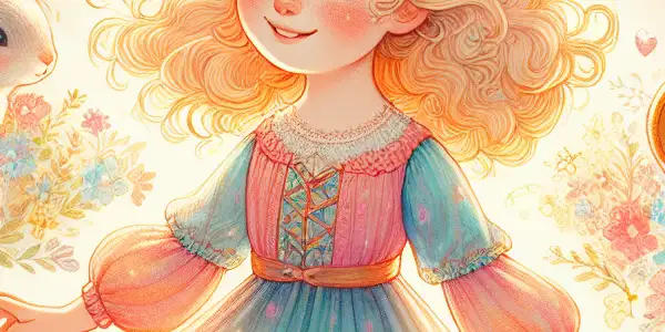 A young girl in a colorful dress smiles in a magical forest, surrounded by vibrant flowers and friendly animals.