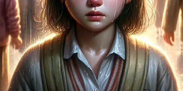 A young girl walks to school on a rainy day, embodying resilience amid familial support and adversity.