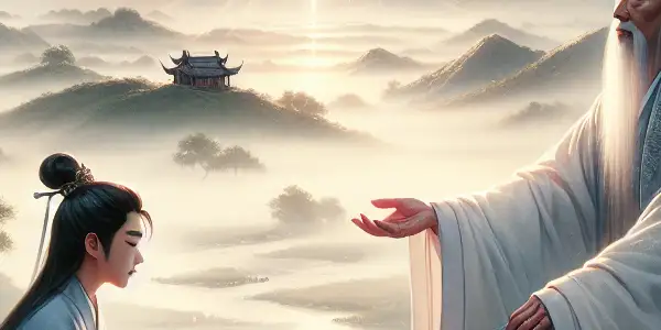 A wise elder shares knowledge with a young student in a serene Chinese landscape at sunrise.