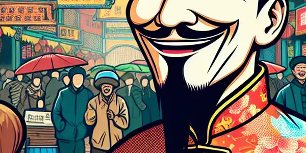 Xiao Shenyang in traditional attire, humorously interacting in a lively Northeast Chinese market filled with playful film references.