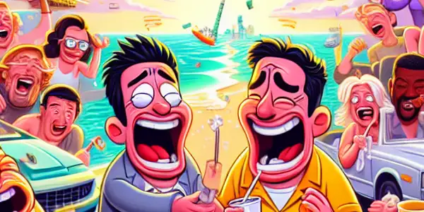 A lively movie poster featuring goofy characters in a chaotic road trip, surrounded by laughter and playful cartoon elements.