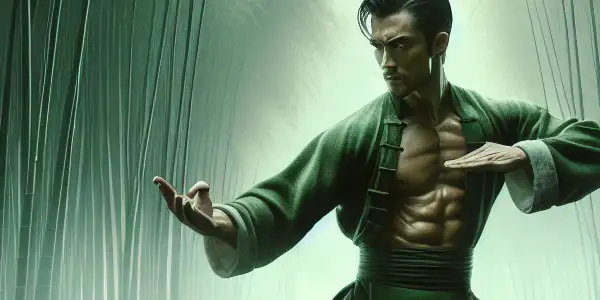 A skilled martial artist performs a powerful Wing Chun move in a misty bamboo forest, while shadowy figures duel in the background.