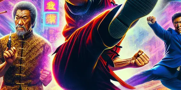 Dynamic movie poster featuring Sammo Hung in a martial arts pose surrounded by iconic collaborators in a vibrant Hong Kong cityscape.