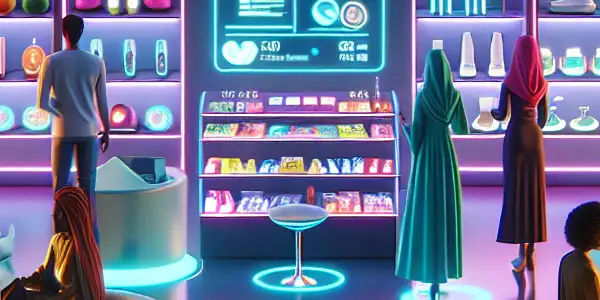 A futuristic adult toy market in 2026, featuring AI-driven products, virtual reality experiences, and a stylish, inclusive atmosphere.