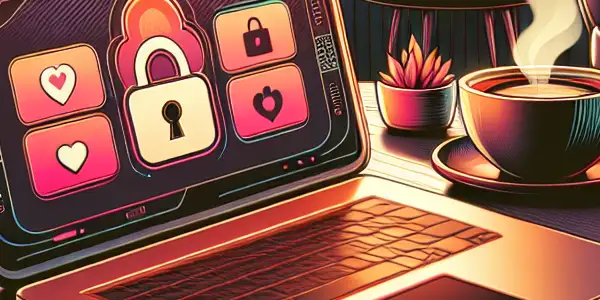 A cozy home setup featuring a laptop displaying an adult content platform, with coffee and warm lighting.