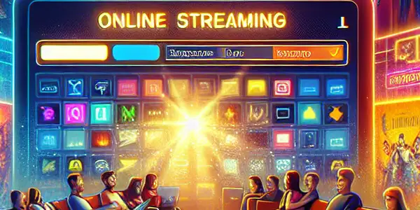 A vibrant digital scene showcasing a modern movie streaming platform with colorful posters and diverse viewers on various devices.