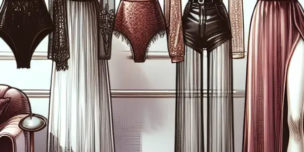 A chic, modern room featuring bold, sensual clothing with a plush sofa and a full-length mirror.