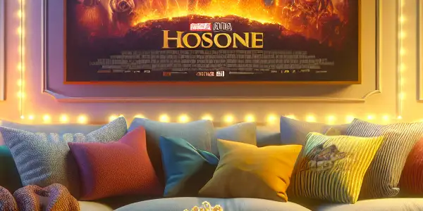 A cozy living room with a sofa, popcorn, and a large TV displaying a vibrant movie poster.