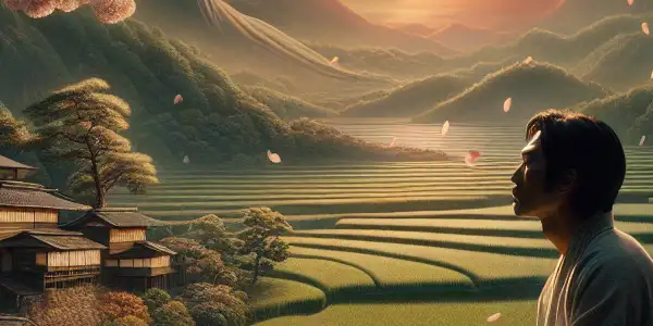 A contemplative man stands by a cherry blossom tree in a serene Japanese village at dusk, evoking nostalgia and passion.