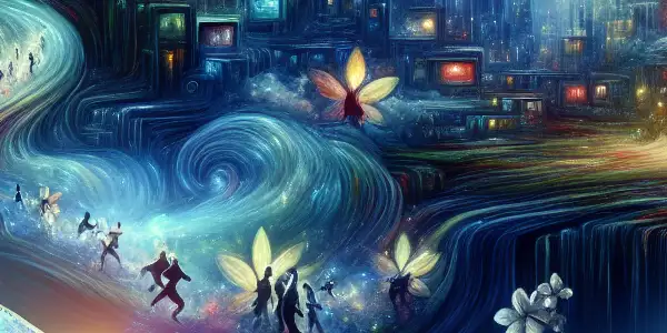 A surreal dreamscape featuring a filmmaker and floating cities, blending science fiction with intimate emotional connections.