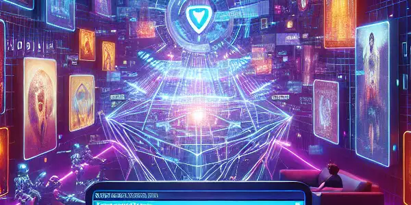 A vibrant cyber marketplace showcasing floating movie posters and a modern computer setup for downloading films.