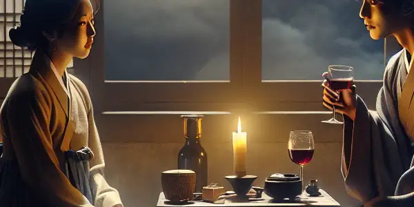 A cozy, dimly lit room with two characters sharing an intimate conversation over wine, conveying passion and vulnerability.