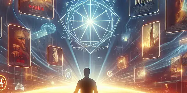 A vibrant digital landscape showcasing diverse adult film posters, with a user navigating a high-tech device surrounded by privacy icons.