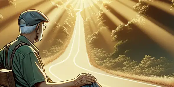 An older man sits on a bench by a winding road, surrounded by lush trees and autumn colors, reflecting on life.