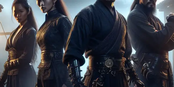 Four detectives in a dramatic night scene, set in a Ming Dynasty village, exuding martial arts prowess and tension.