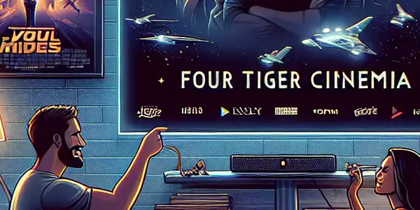 A cozy home theater scene with friends enjoying movies on a modern TV, surrounded by colorful posters and tech elements.