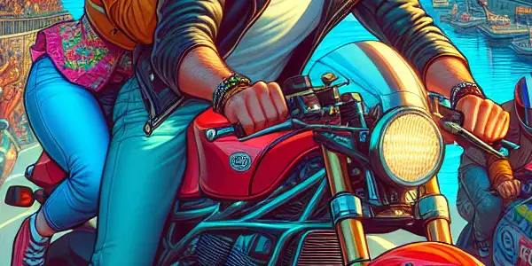 A lively seaside motorcycle race featuring characters 阿耀 and 欢颂, surrounded by cheering young onlookers.