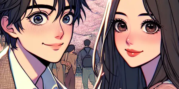 A charming moment between a kind-hearted student and his confident girlfriend in a lively South Korean city street.