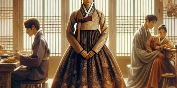 A traditional Korean household scene featuring a stern mother-in-law in hanbok, symbolizing family dynamics and cultural values.