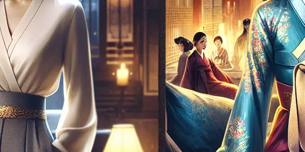 Two female characters inspired by South Korean films, one elegant and wise, the other charming and mischievous, in dramatic settings.