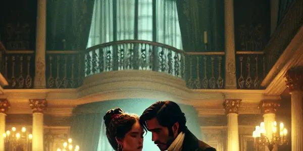 A dramatic Victorian-era scene of forbidden romance between a maid and a noblewoman in an opulent estate.