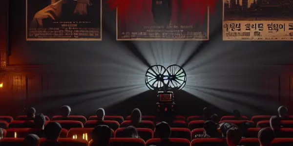 A dimly lit film screening room filled with diverse, intrigued viewers watching a flickering image of forbidden love.