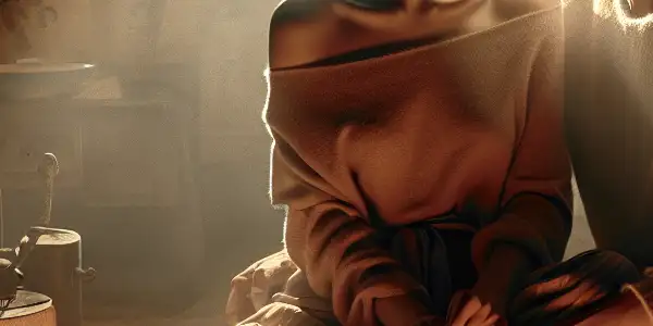 A cozy, dimly lit room featuring a couple in an intimate moment, surrounded by elements of Japanese culture and storytelling.