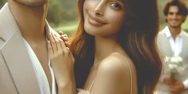 A young couple shares an intimate moment at their romantic outdoor wedding ceremony, surrounded by lush greenery and loved ones.