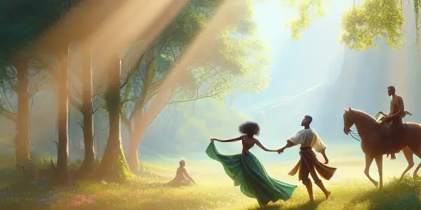 A romantic outdoor scene featuring two figures playfully interacting by a serene stream in a lush forest.