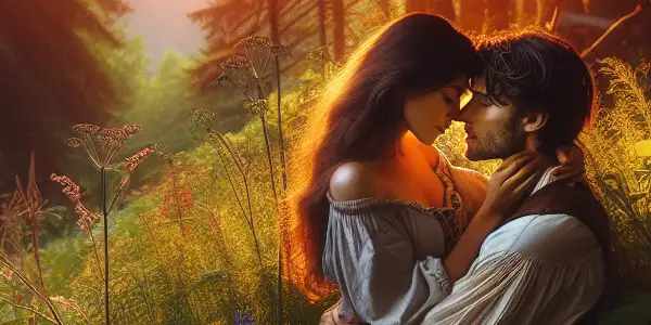 A romantic couple embraces in a vibrant forest at sunset, surrounded by trees and wildflowers.
