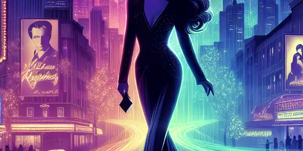 A vibrant urban night scene featuring a silhouette of a glamorous woman, representing Maria Ozawa's filmography.