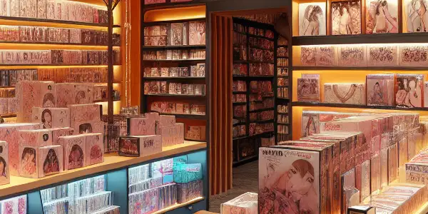 A modern adult toy store featuring colorful products, intimate lighting, and Japanese cultural elements, inviting exploration and adventure.