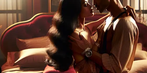 A passionate couple embraces in a dimly lit, luxurious bedroom, surrounded by romantic decor and classic film elements.