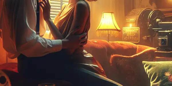 A romantic couple embraces in a nostalgic, softly lit room adorned with vintage film elements and classic posters.