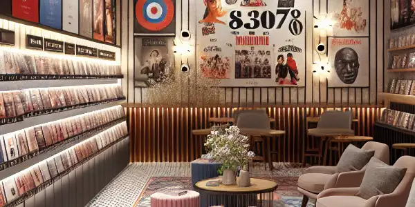 A vibrant adult entertainment store featuring colorful shelves, diverse DVDs, stylish posters, and a cozy seating area.