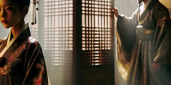 A mysterious handmaiden in a luxurious Korean room gazes at her shadowy, enigmatic master, evoking tension and desire.