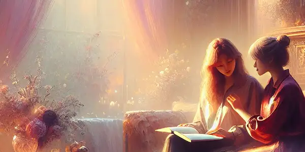 Two women share an intimate moment in a softly lit, elegant room, surrounded by warmth and emotion.