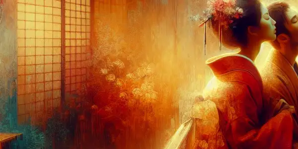 A romantic scene in a dimly lit Japanese room featuring two figures in a tender moment amidst cherry blossoms.