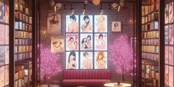 A modern adult entertainment store, "Virus-Free Passion Shop," featuring inviting decor and a variety of film posters.