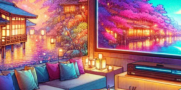 Cozy living room with a large TV showcasing abstract adult film genres and Japanese cultural decor.