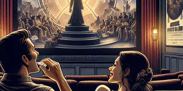 A cozy home theater scene with a couple enjoying a movie night surrounded by iconic adult film posters.